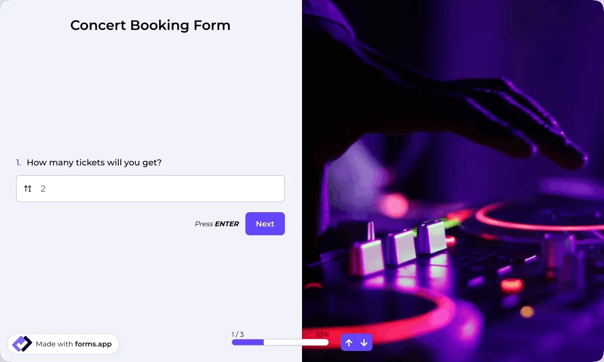 Concert booking form built with forms.app — one question at a time with Step View and rich media