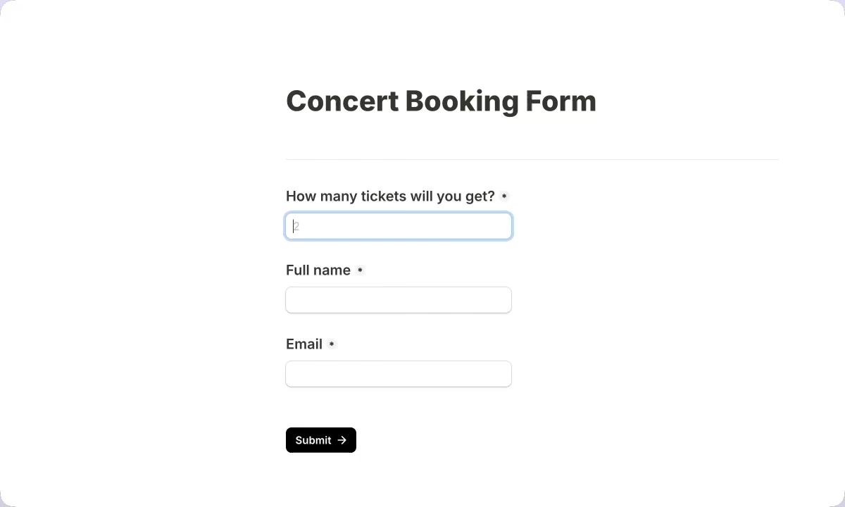Concert booking form built with Tally — document-style layout with multiple questions visible at once