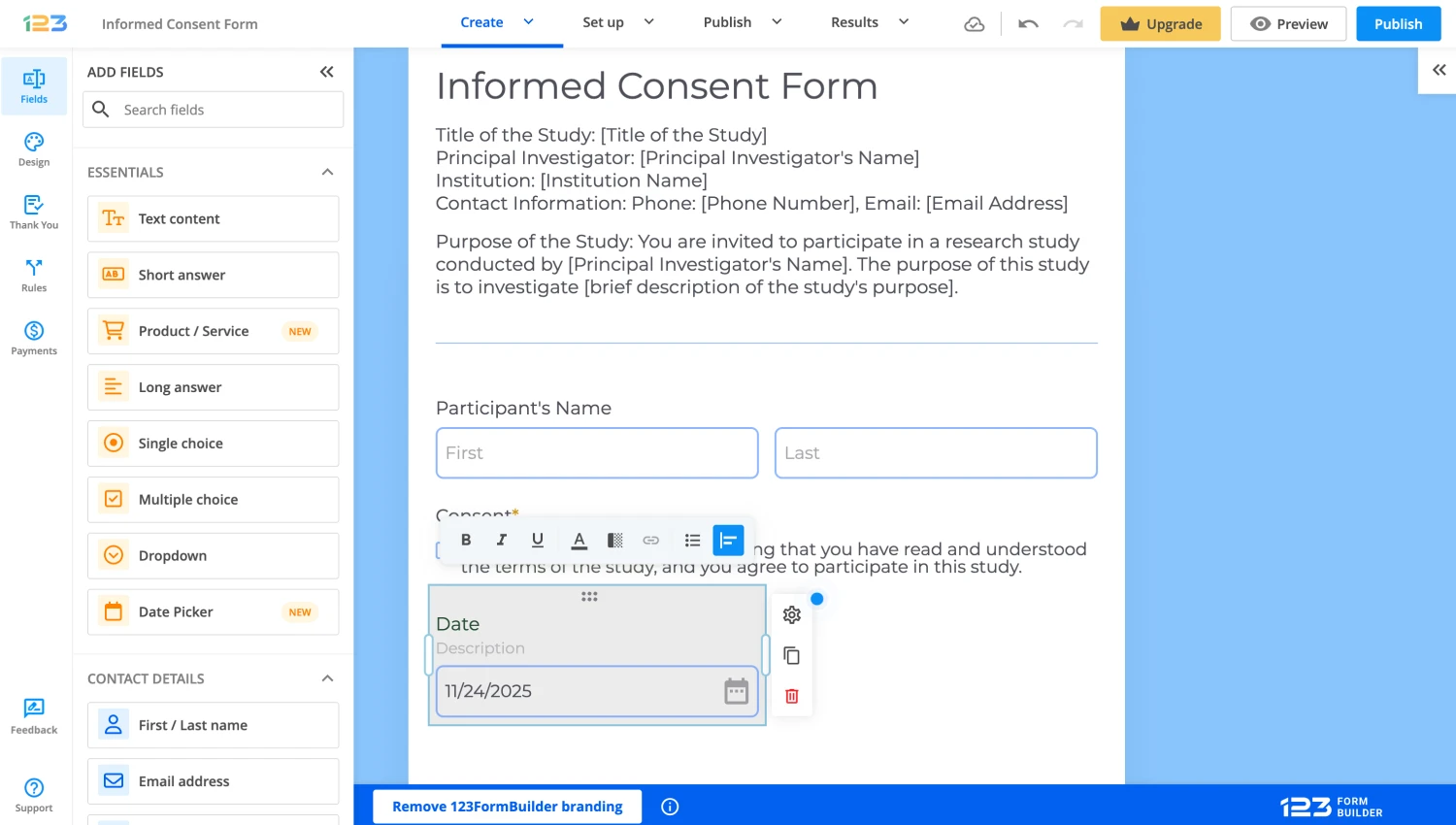 Workspace of 123FormBuilder