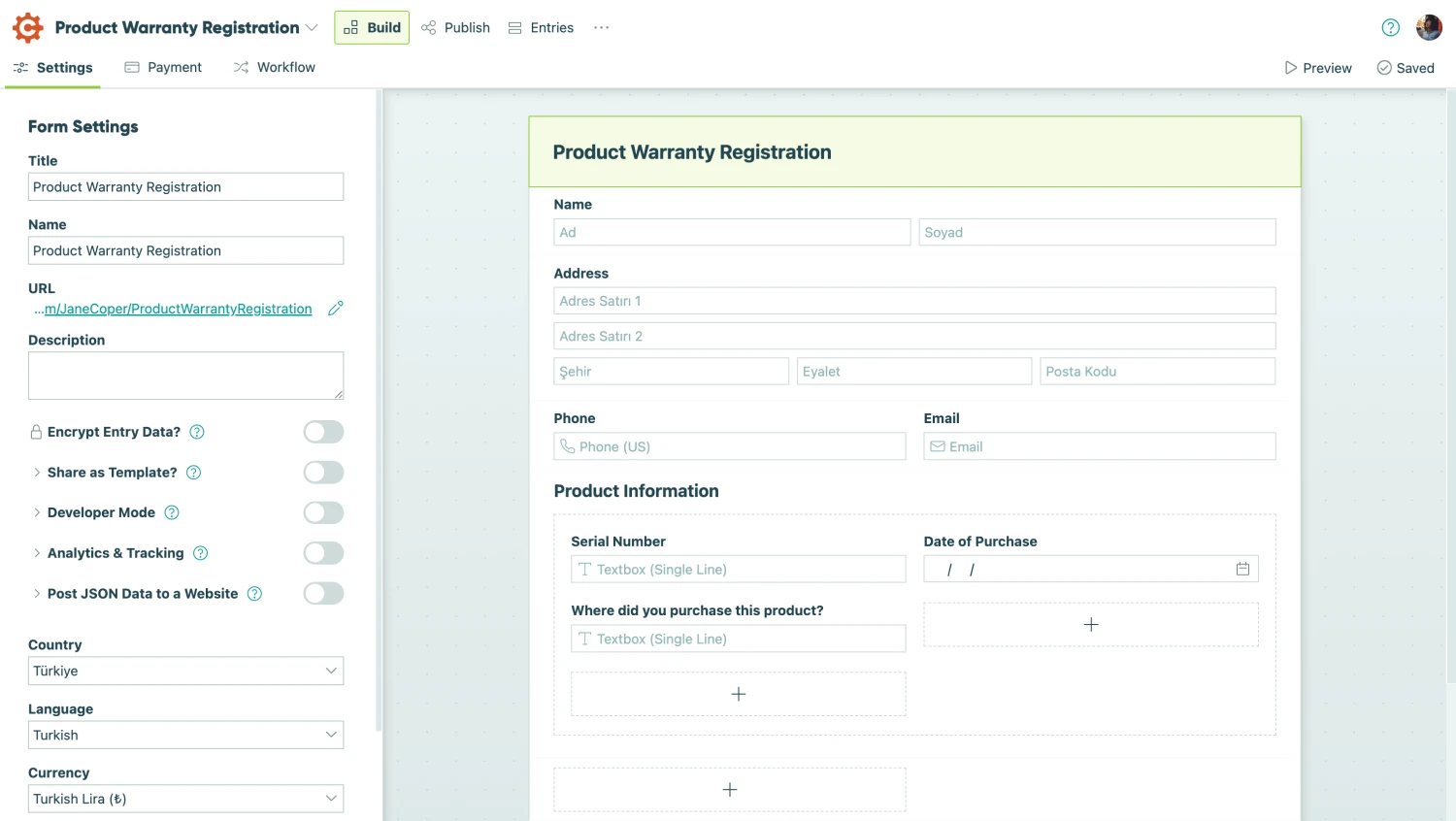 Workspace of Cognito Forms