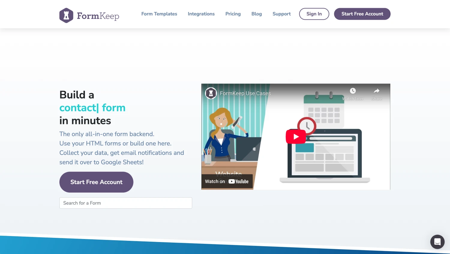Landing page of FormKeep