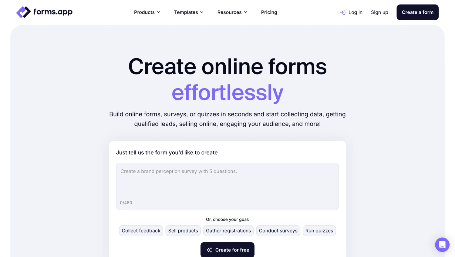 Landing page of forms.app