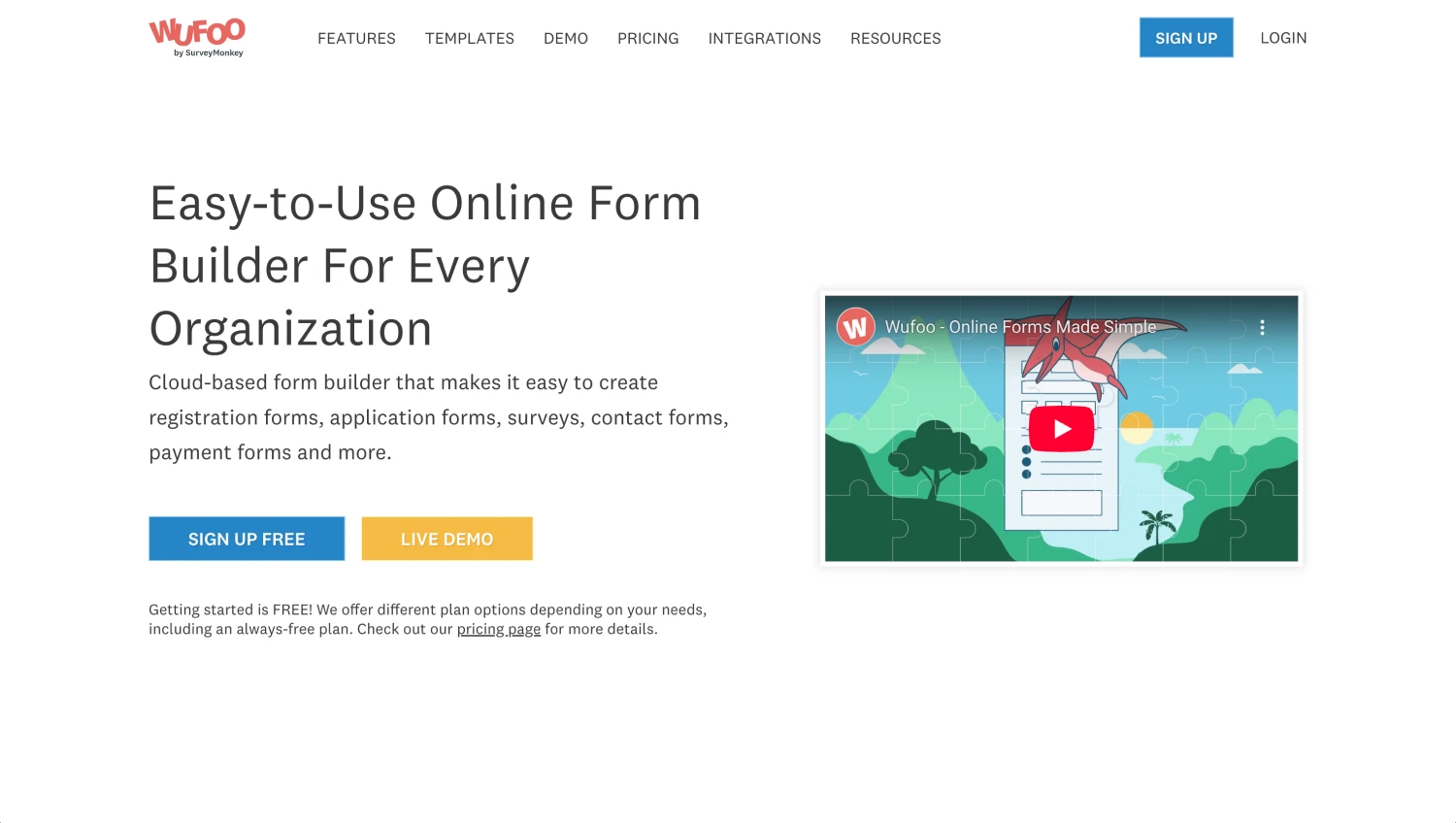 Landing page of Wufoo
