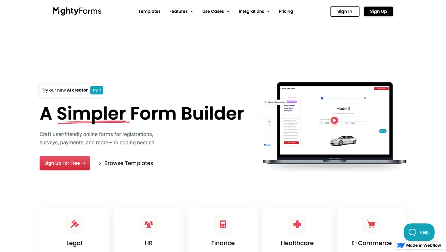 Landing page of MightyForms