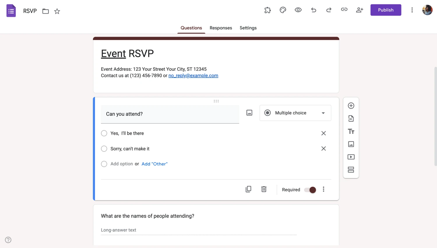 Workspace of Google Forms