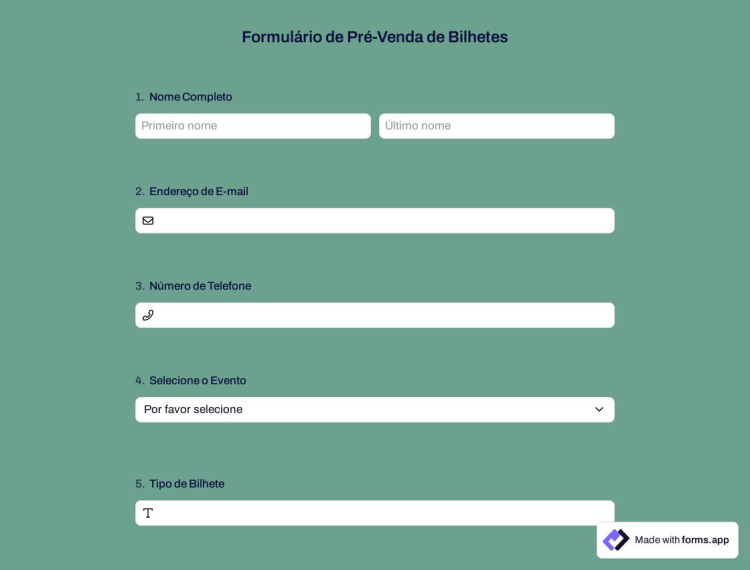 Formulário de Pré-venda de Bilhetes