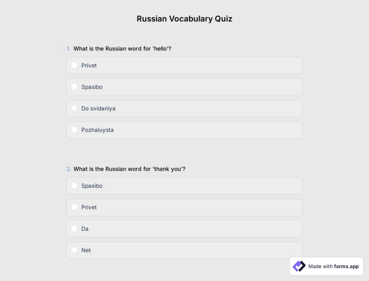 Russian Vocabulary Quiz
