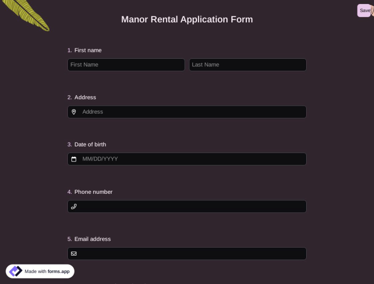 Manor Rental Application Form