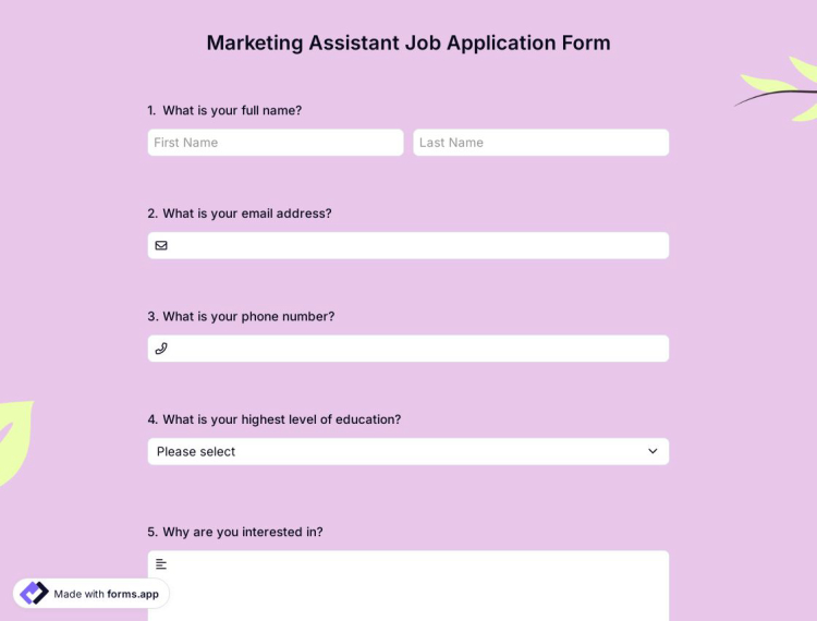 Marketing Assistant Job Application Form