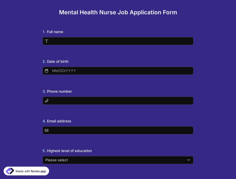 Mental Health Nurse Job Application Form