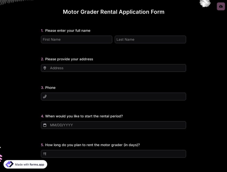 Motor Grader Rental Application Form