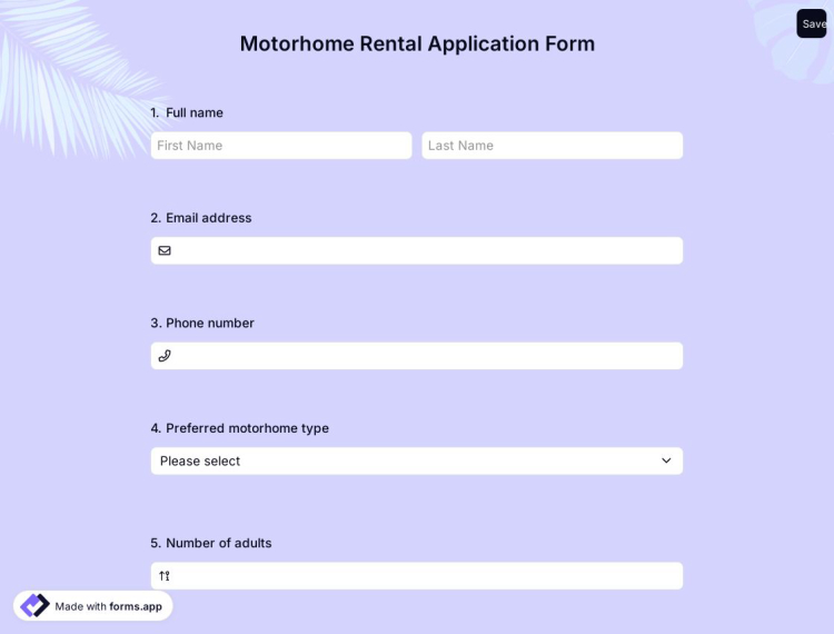 Motorhome Rental Application Form