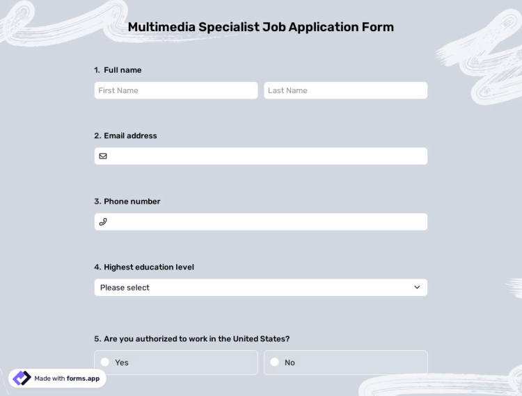 Multimedia Specialist Job Application Form