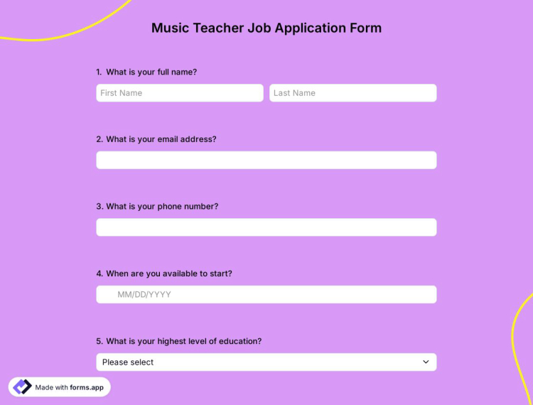 Music Teacher Job Application Form