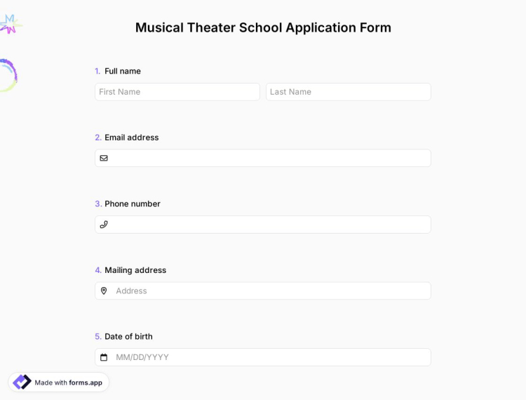 Musical Theater School Application Form