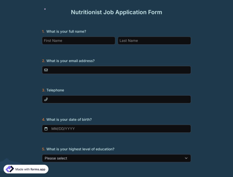 Nutritionist Job Application Form