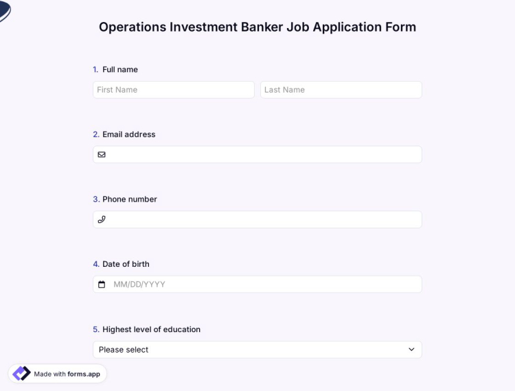 Operations Investment Banker Job Application Form