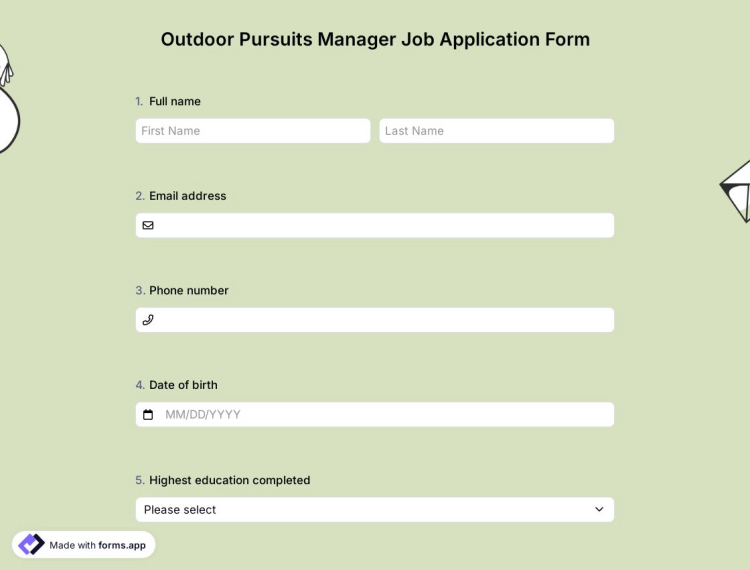 Outdoor Pursuits Manager Job Application Form
