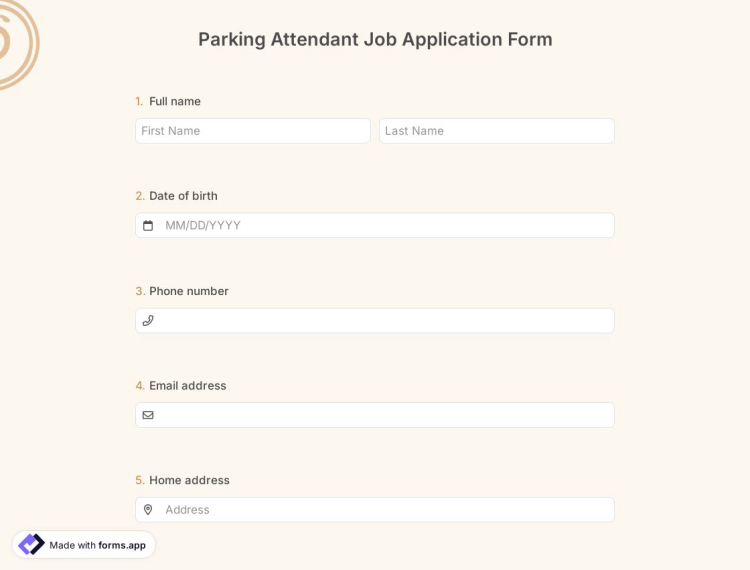 Parking Attendant Job Application Form