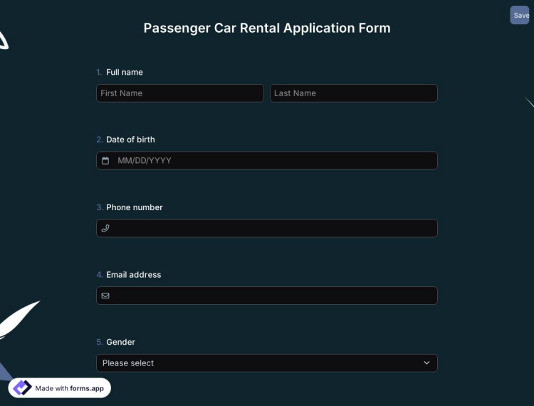 Passenger Car Rental Application Form