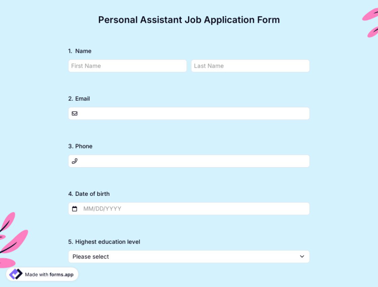 Personal Assistant Job Application Form