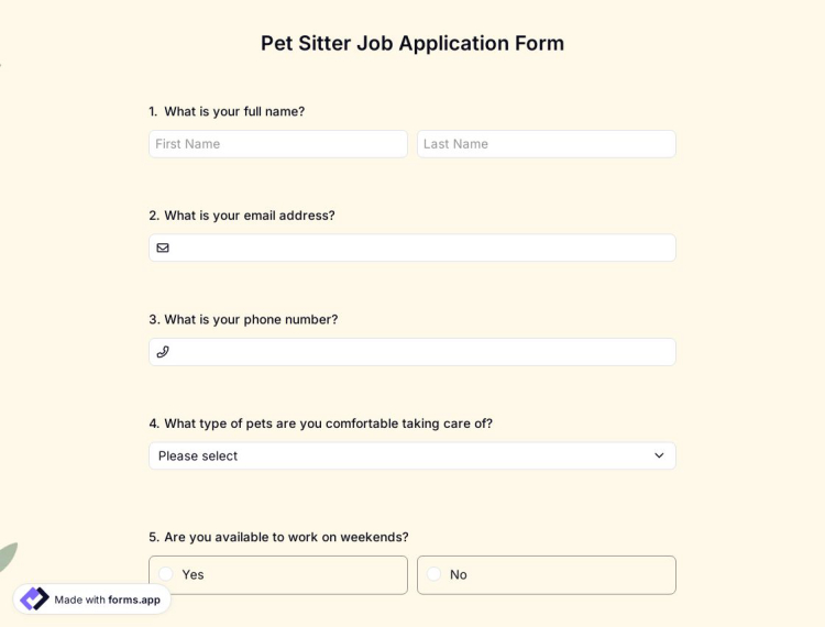 Pet Sitter Job Application Form