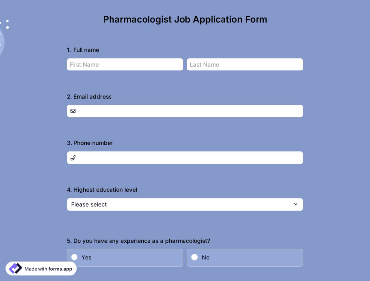 Pharmacologist Job Application Form