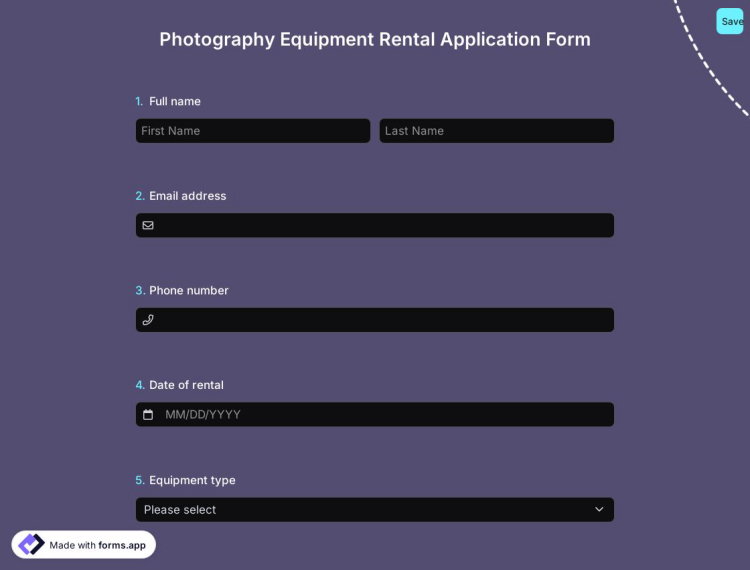 Photography Equipment Rental Application Form
