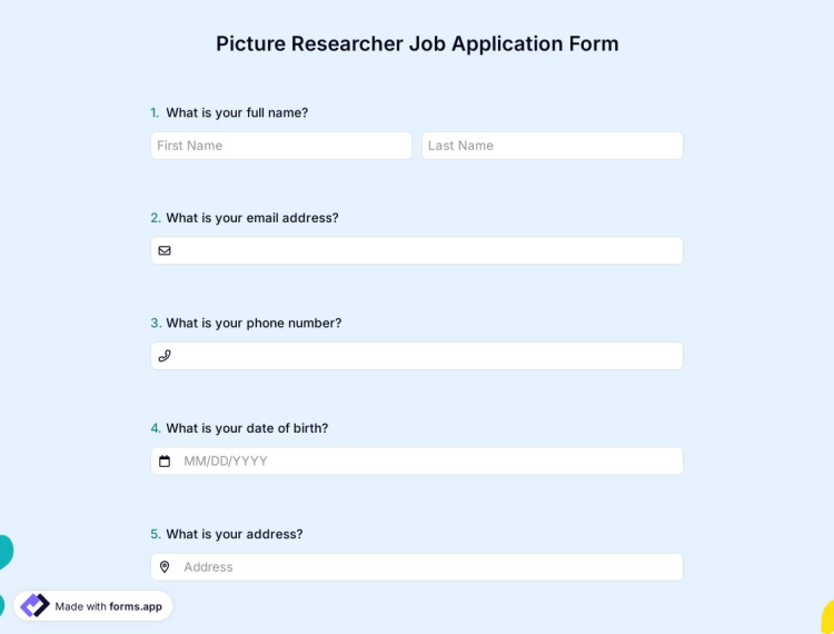 Picture Researcher Job Application Form