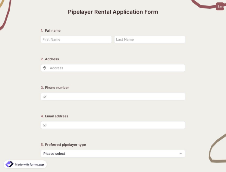 Pipelayer Rental Application Form