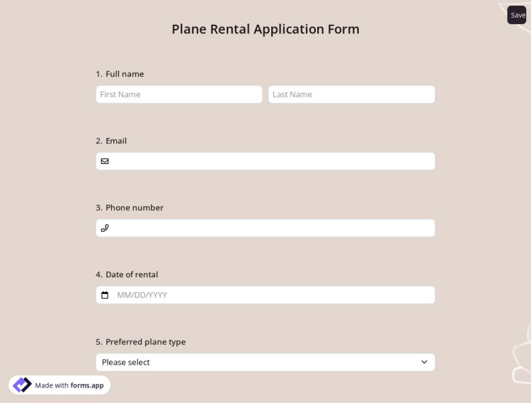 Plane Rental Application Form