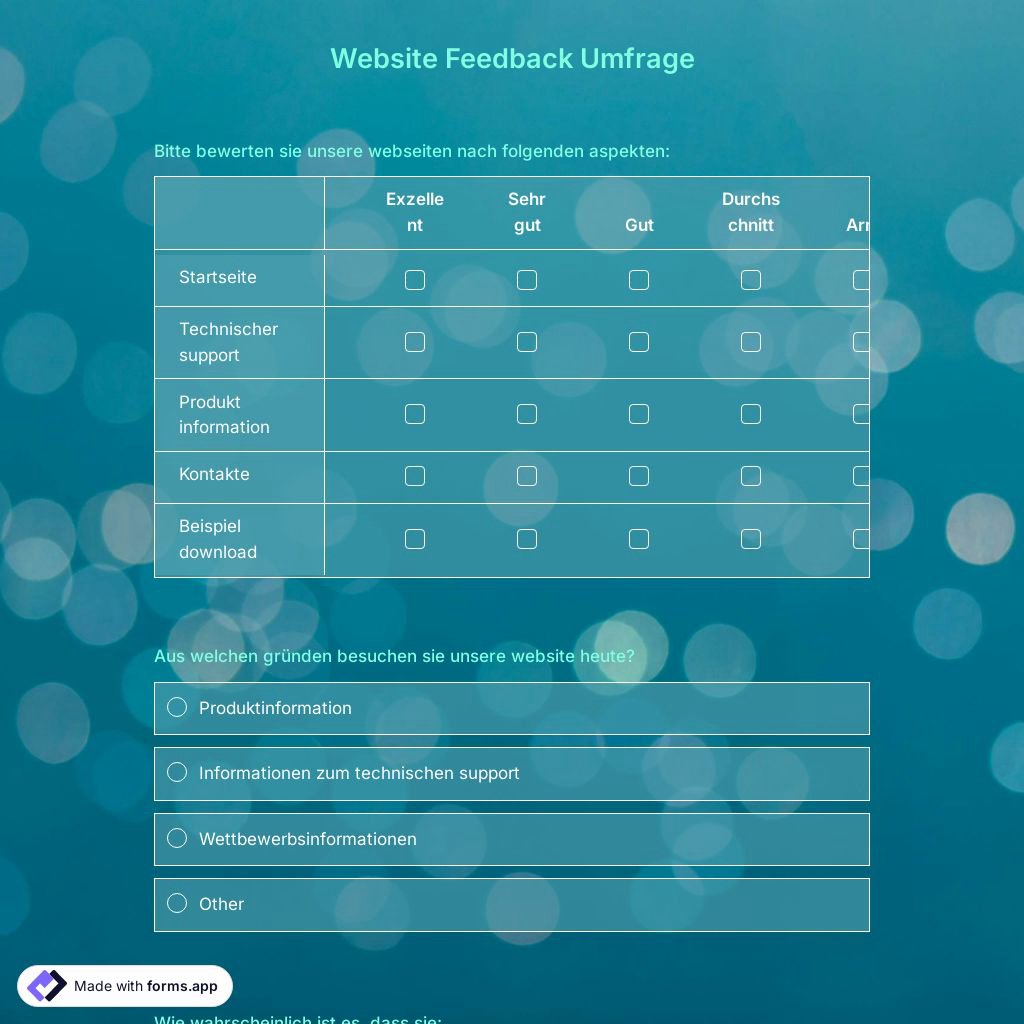 Umfrage für Website Feedback Umfrage