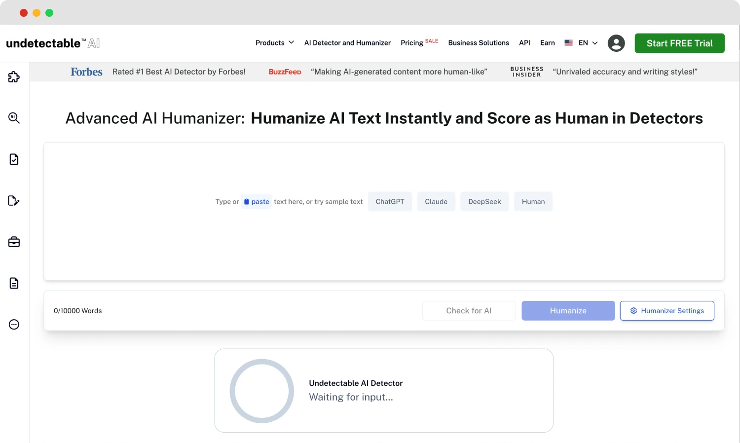 The homepage of Undetectable AI