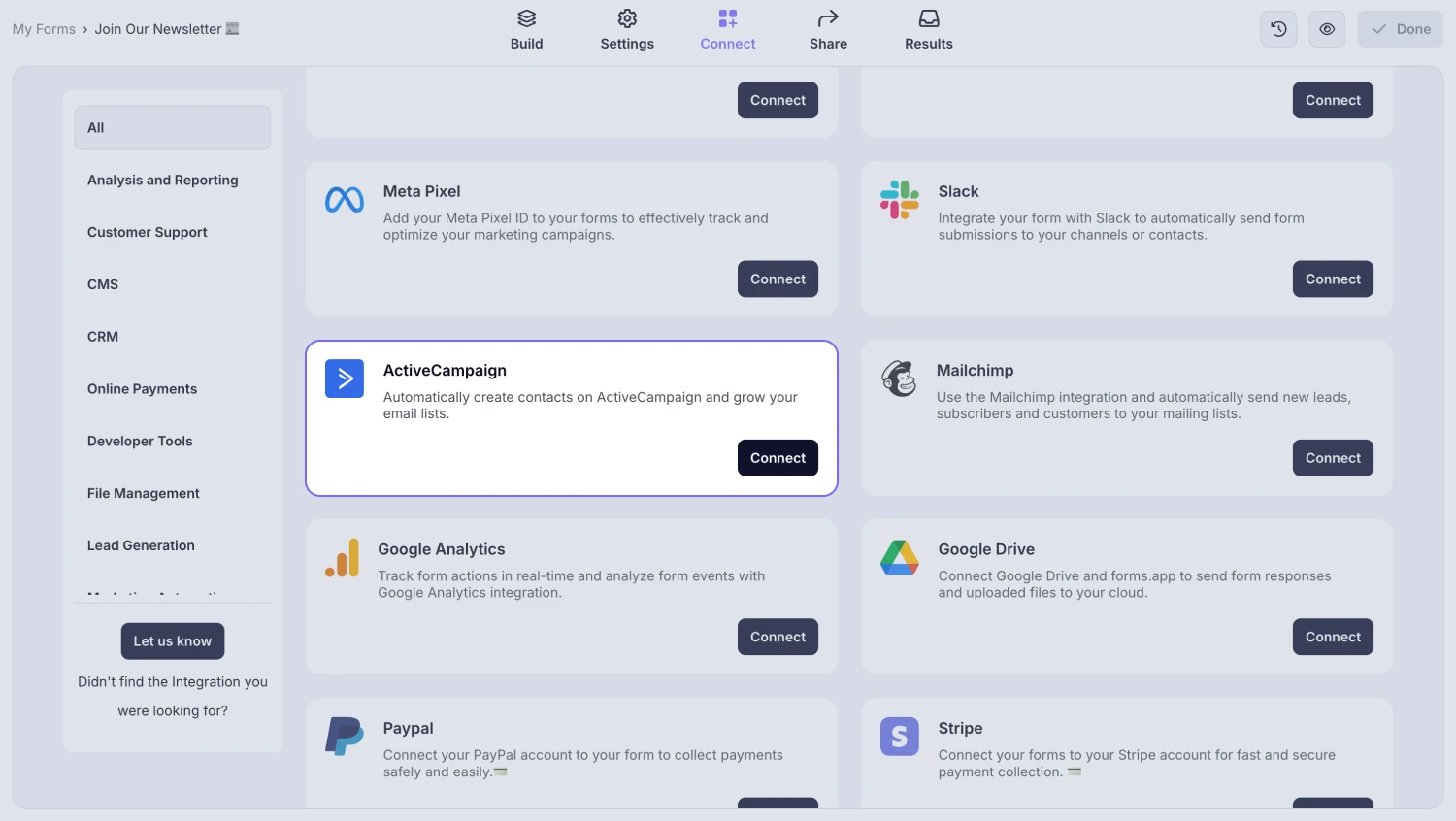 An image showing the “ActiveCampaign integration” button, which you can easily find by accessing the “Connect” tab