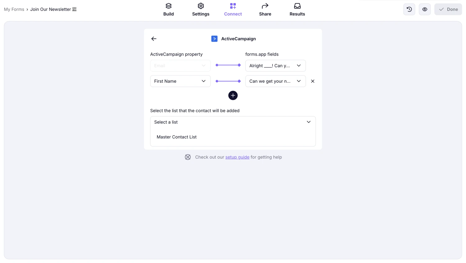 An image showing the area from the “Connect” section where you can match the fields and save your integration
