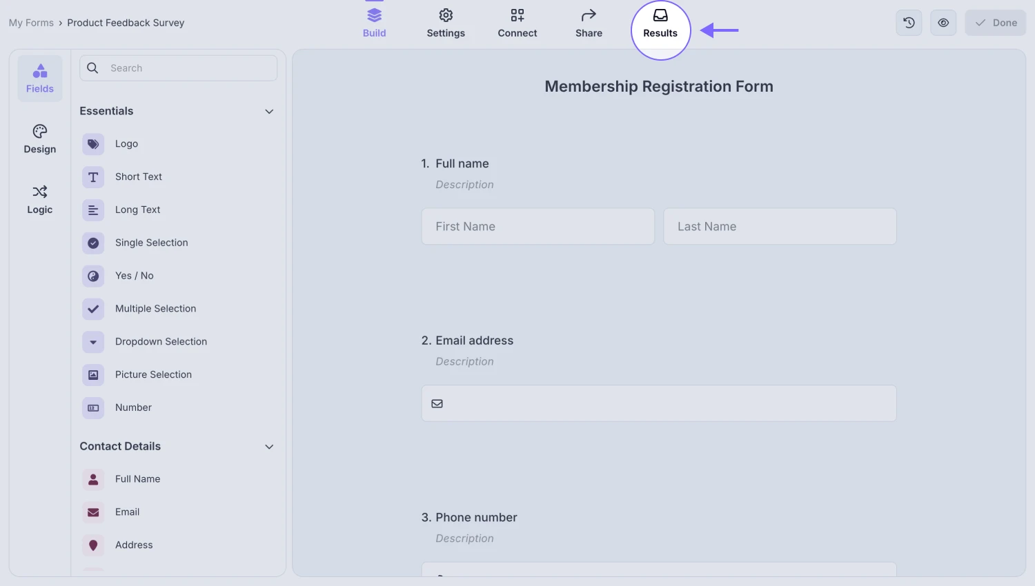 An image showing how you can access the “Results” tab once you open the form needed