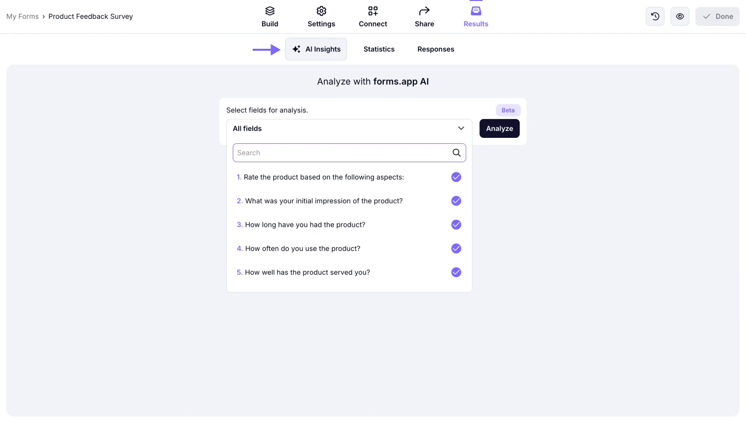 An image showing the “AI insights” button you need to click and the menu from which you can select the form fields for future analysis