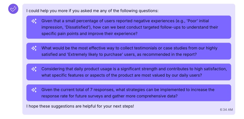 An image showing an example of questions to ask, which are given by the AI chat after it provides the full analysis