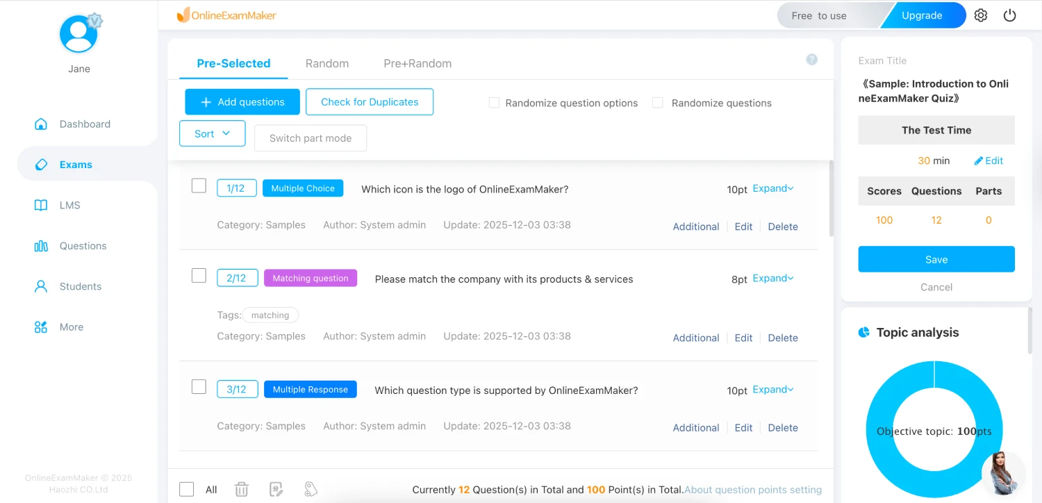 Workspace of Online Exam Maker