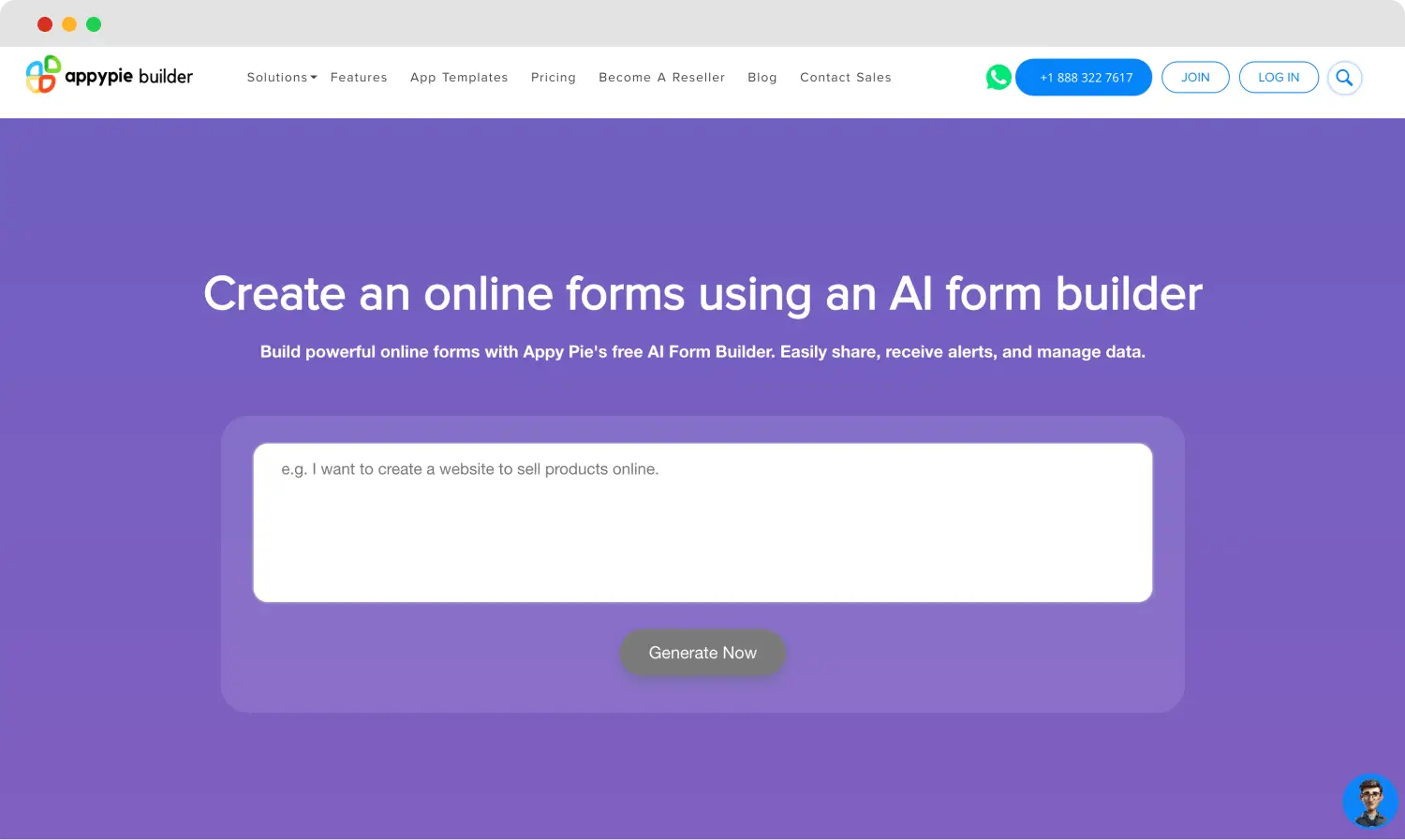 The homepage of Appy Pie Form Builder