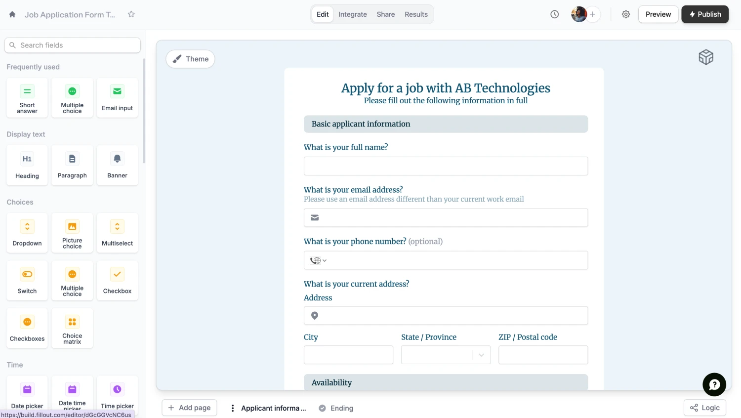Workspace of Fillout