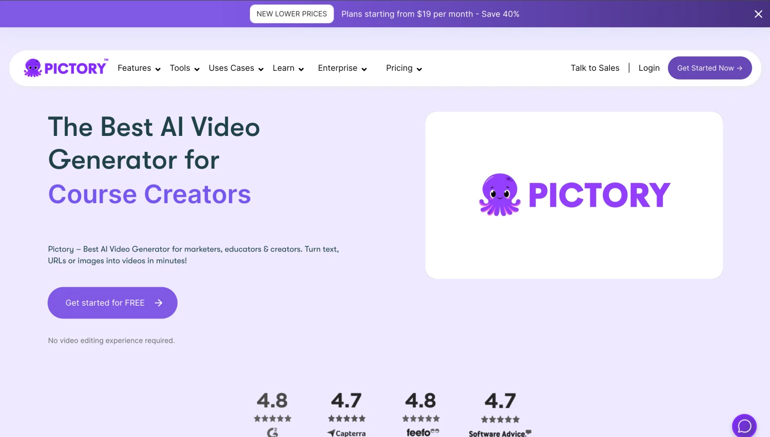 Homepage of Pictory.ai