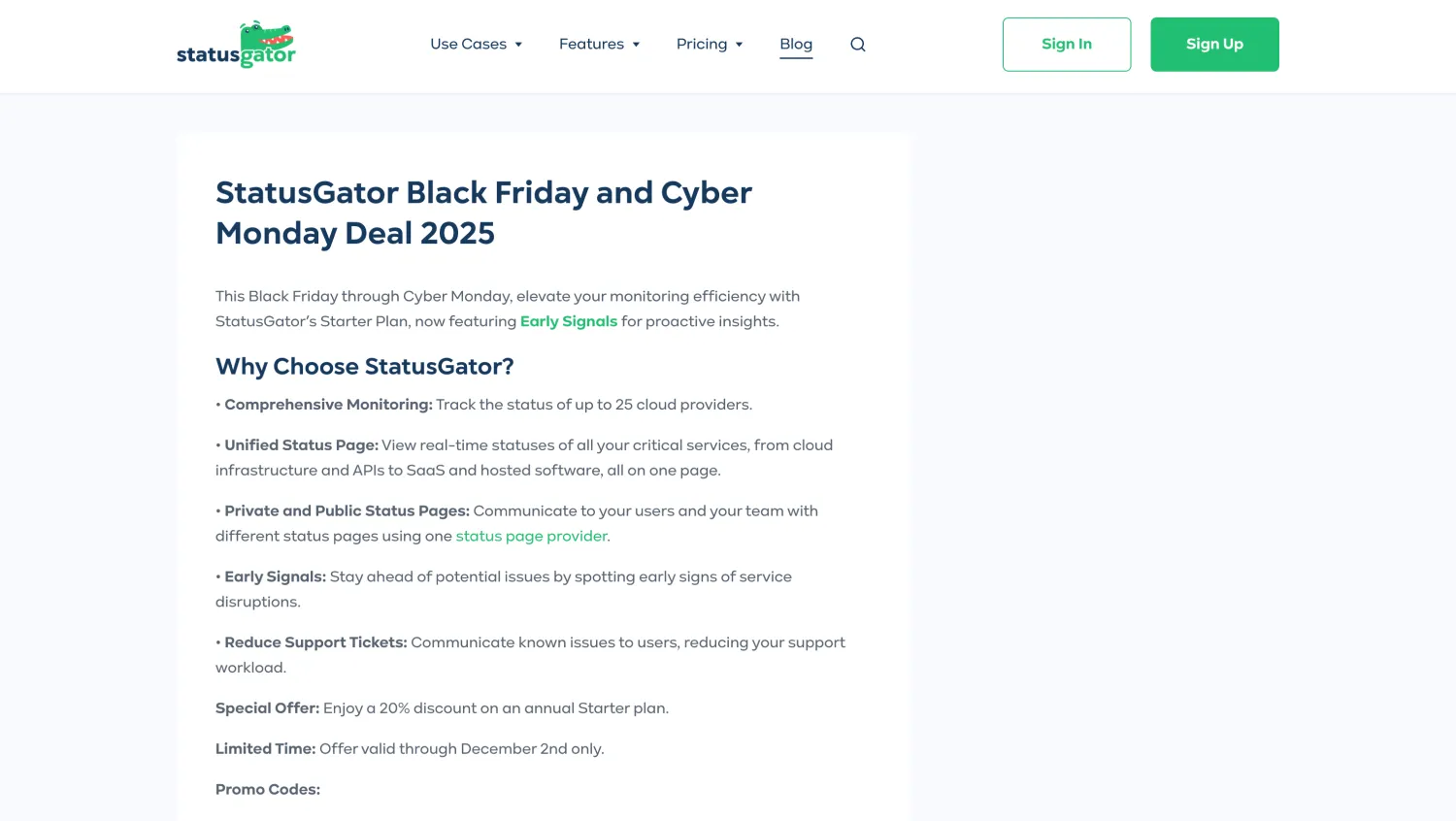 Homepage of StatusGator
