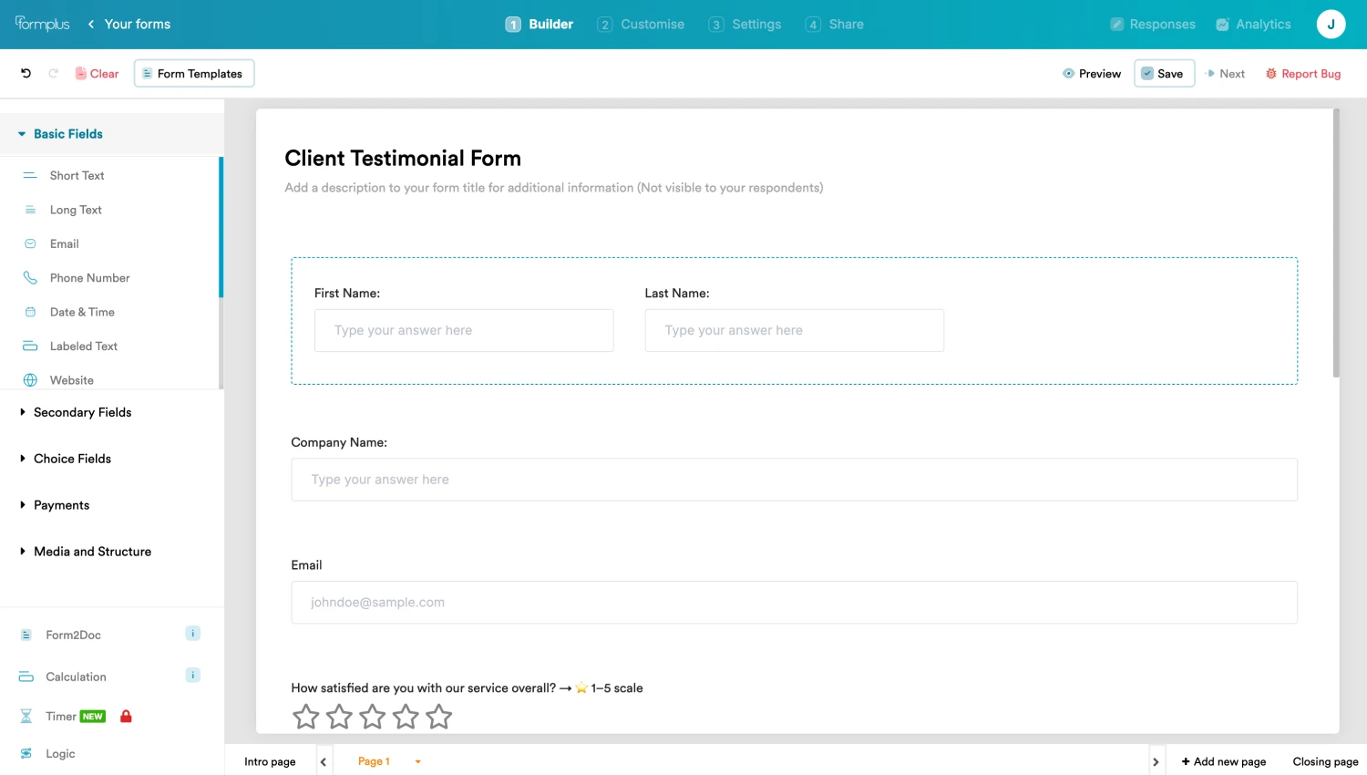 Workspace of Formplus