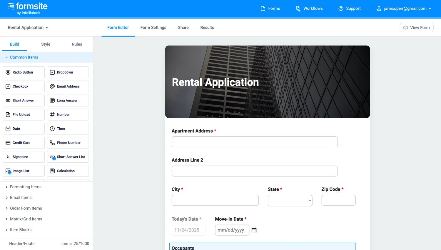 Workspace of Formsite