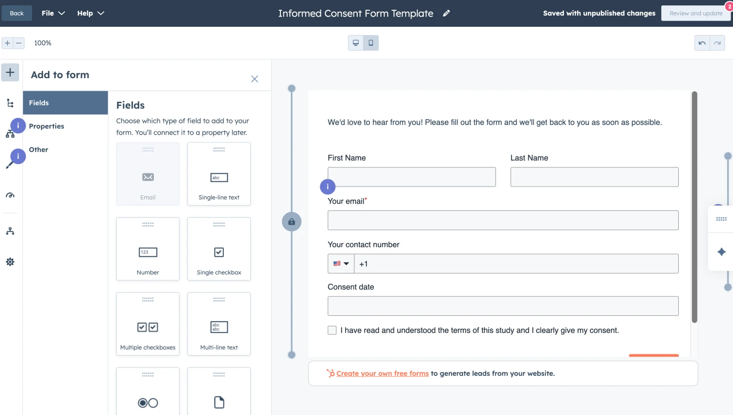 Workspace of HubSpot Form Builder