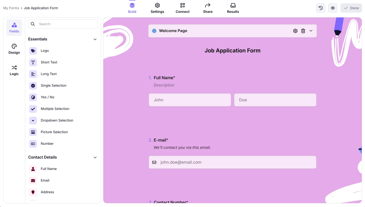 Add your questions and other fields