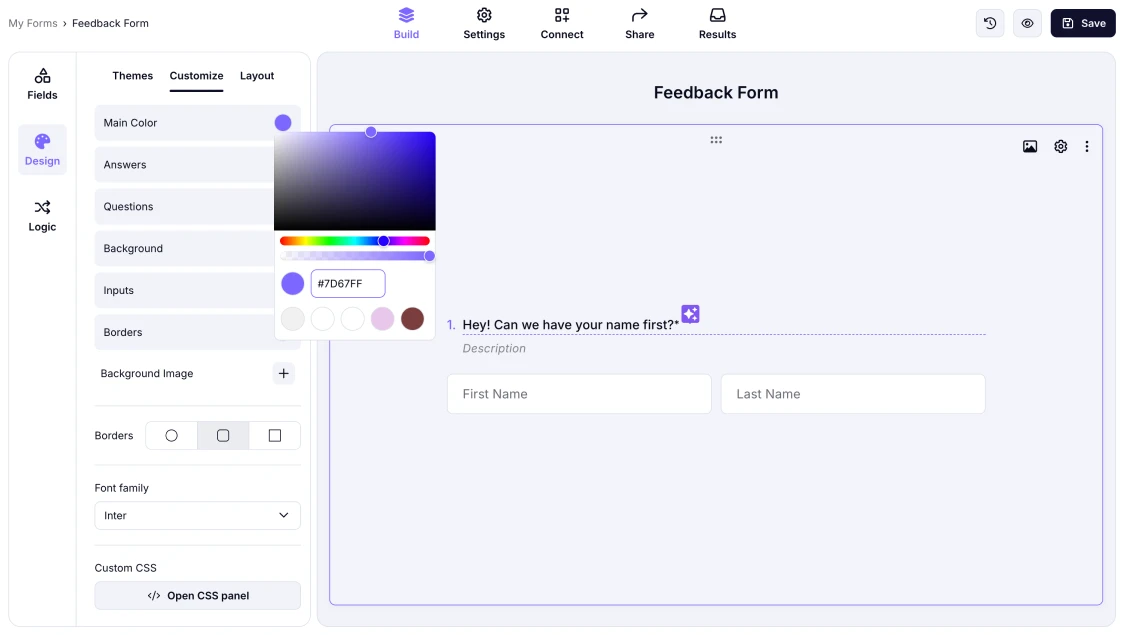 An image showing how you can pick the color from the palette or add your custom color by entering the code in the area