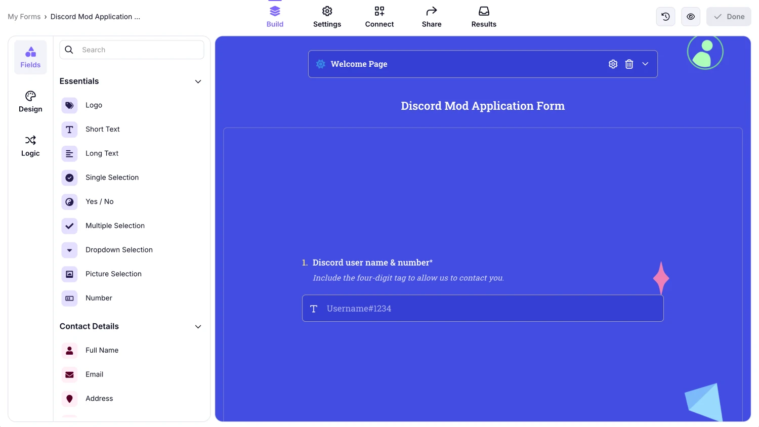 An image showing the “Build” section of the form once you have created it or selected from a ready templates we provide