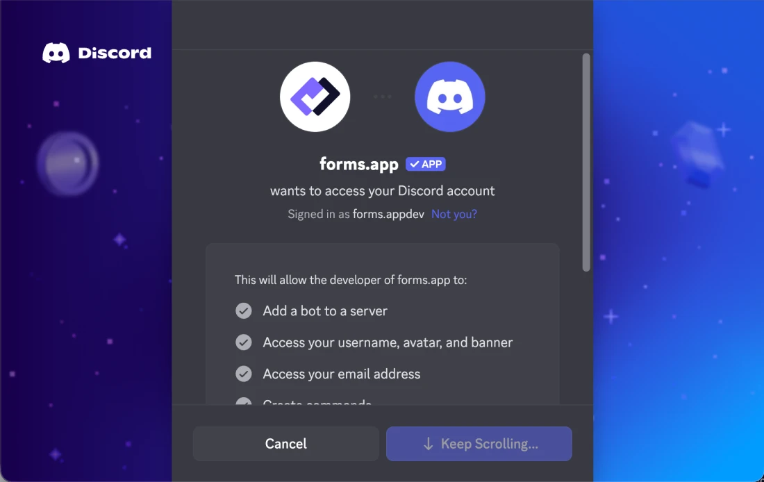 An image showing the pop-up appearing once you press the “Connect with Discord” button